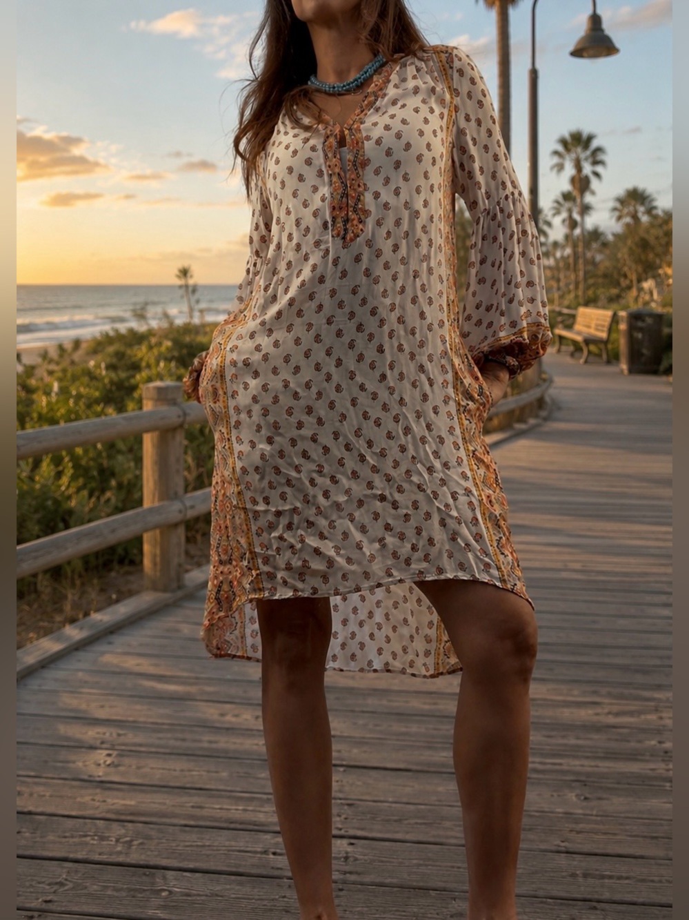 Free People Boho Print Tunic Dress with Pockets Size Large